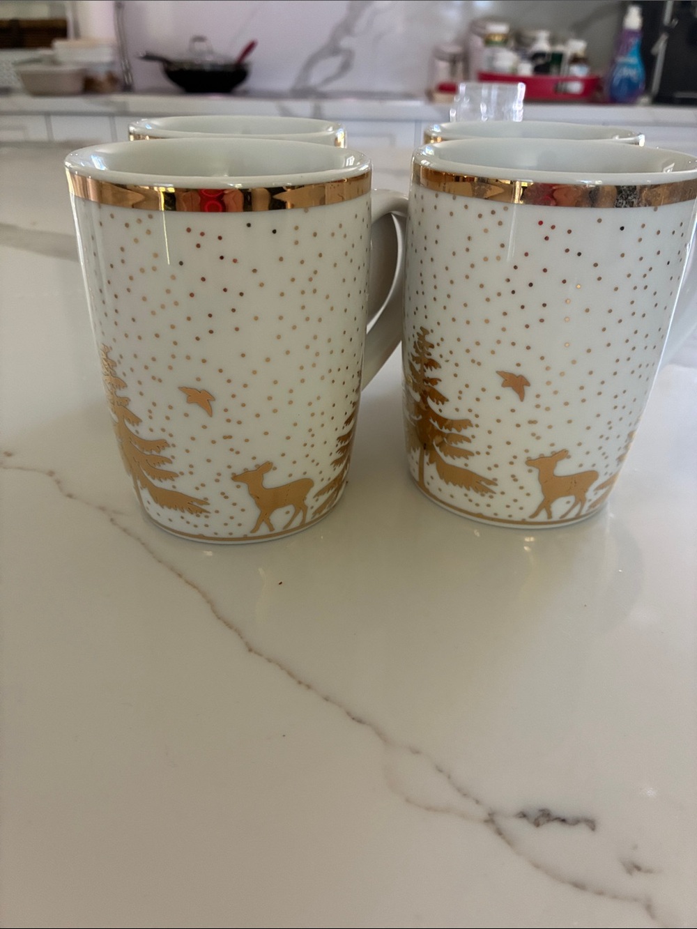Set of 4 White & Gold Christmas Reindeer Tree Mugs Holiday Ceramic Cups
